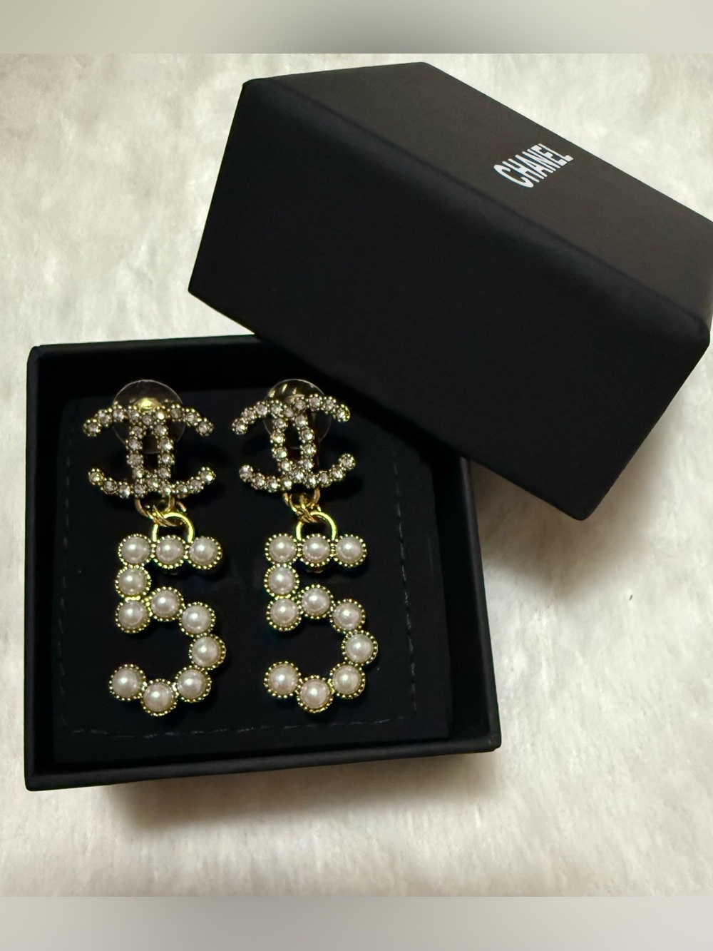 Gold Pearl '5' Drop Earrings with Crystal CC Motif